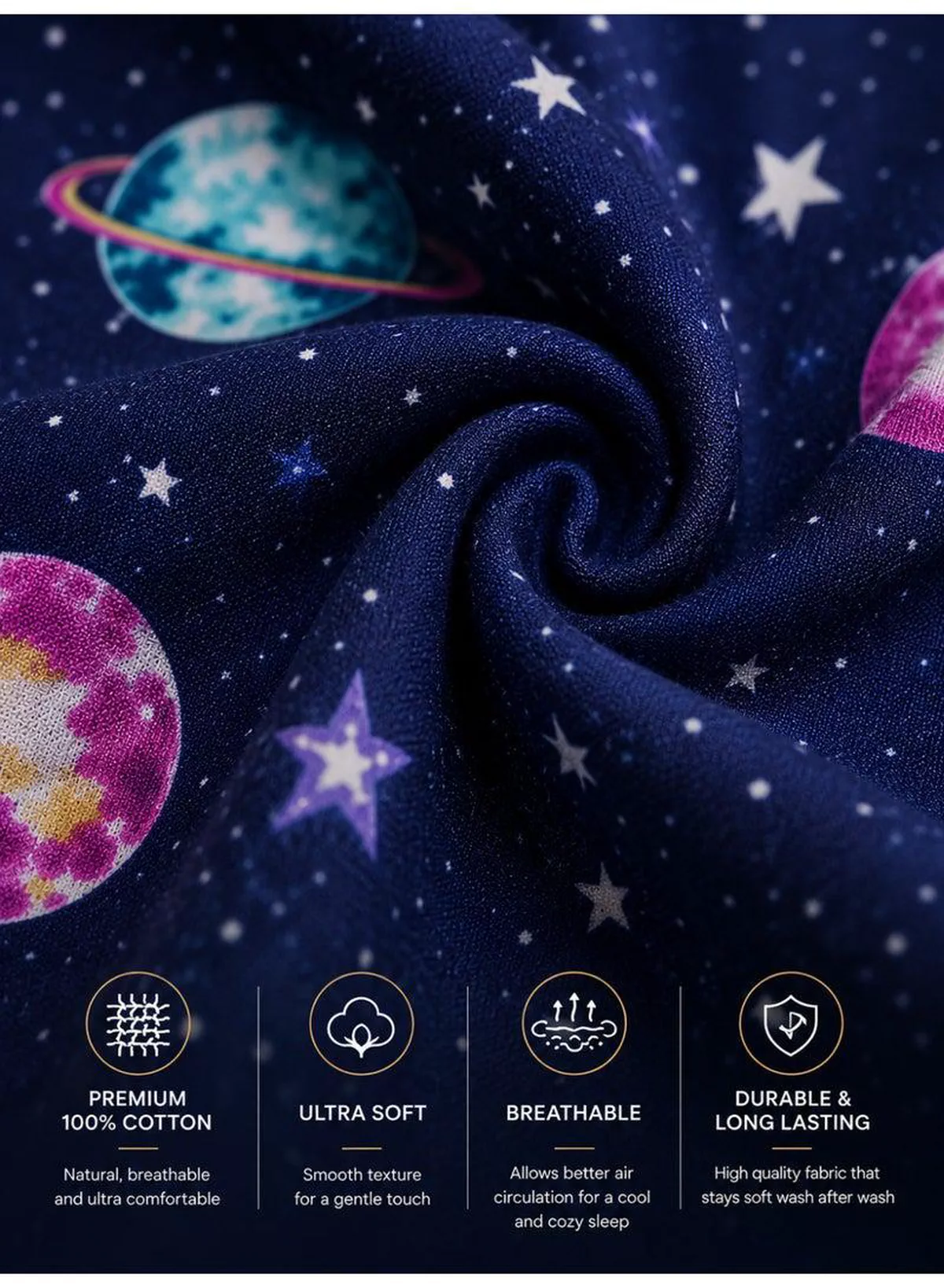 4-Piece Printed Cotton Bedsheet Set, Galaxy Design, 100% Cotton, 125 GSM, 1 Fitted Sheet + 1 Flat Sheet + 2 Pillowcases – Available in Single and King Sizes-4-4
