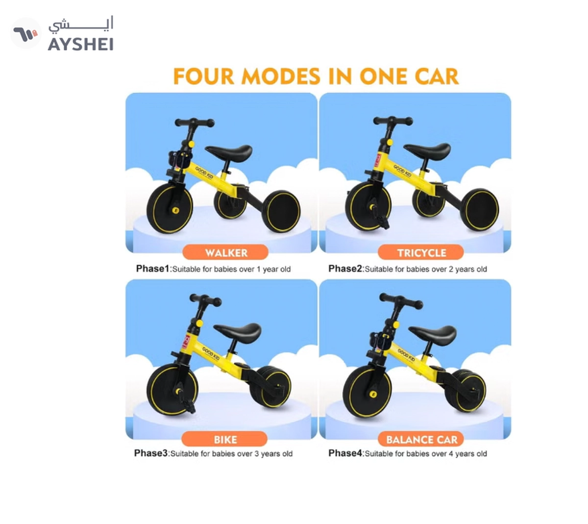Marzban Kid Bicycle 3 in 1 Kids Tricycles 1.5-4 Year Kids Trike 3 Wheel Bike Boys Girls (Yellow)-2-2