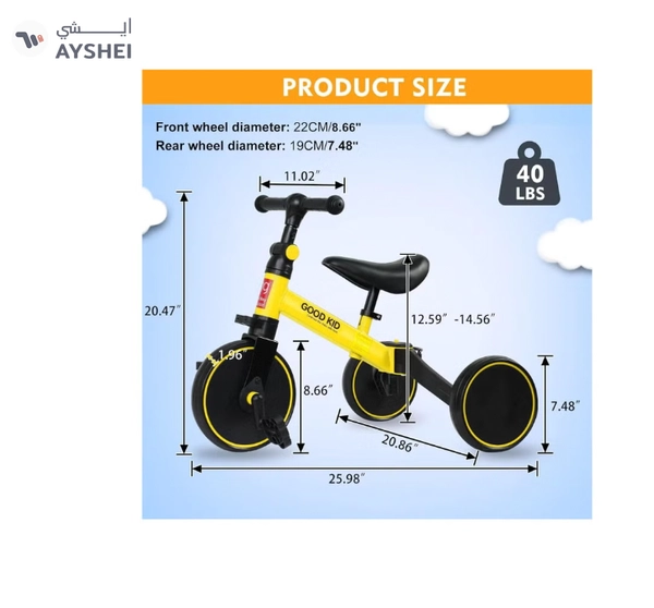 Marzban Kid Bicycle 3 in 1 Kids Tricycles 1.5-4 Year Kids Trike 3 Wheel Bike Boys Girls (Yellow)