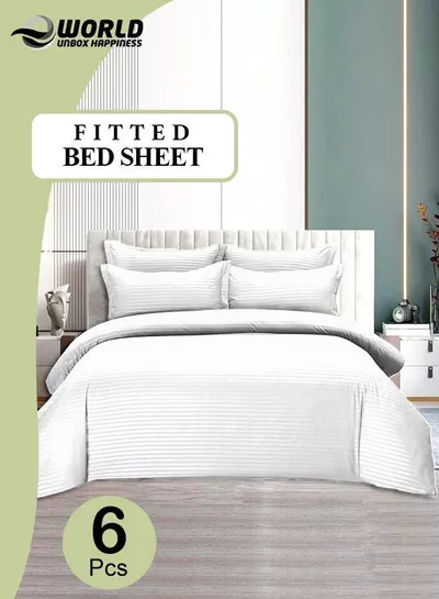 6-Piece Premium King Size Bedding Set, White Striped Design-1 Full/King Size Luxury Bedsheet with Stripped Pattern with 1 Soft Duvet Cover and 4 Pillowcases – Suitable for Home and Hotels-0