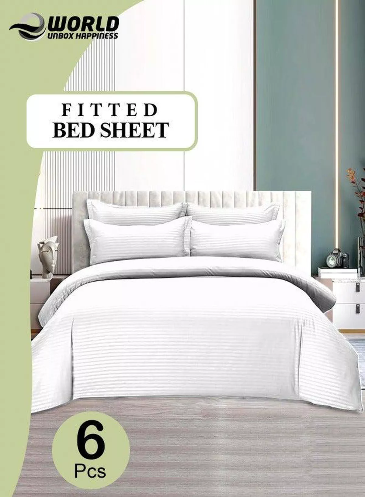 6-Piece Premium King Size Bedding Set, White Striped Design-1 Full/King Size Luxury Bedsheet with Stripped Pattern with 1 Soft Duvet Cover and 4 Pillowcases – Suitable for Home and Hotels