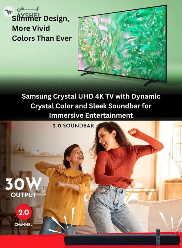 Samsung 75-Inch Crystal UHD DU8000 4K Smart Tv HDR 10+, Dynamic Crystal Color, AirSlim Design With 2.0 Channel Soundbar 30W, HDMI ARC, Bluetooth, USB, MP3, FM Station 75DU8000+SOUNDBAR Grey