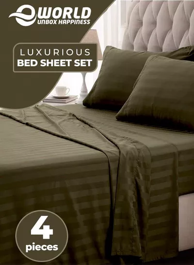 4-Piece Luxury King Size Dark Olive Green Striped Bedding Set Includes 1 Duvet Cover (220x240cm), 1 Fitted Bed Sheet (200x200+30cm), and 2 Pillow Cases (48x74+5cm) for Ultimate Hotel-Inspired Sophistication-0