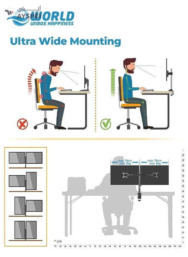 Eworld Dual Monitor Desk Mount with Telescoping Arms – Fits 2 Screens 13-27 Inch