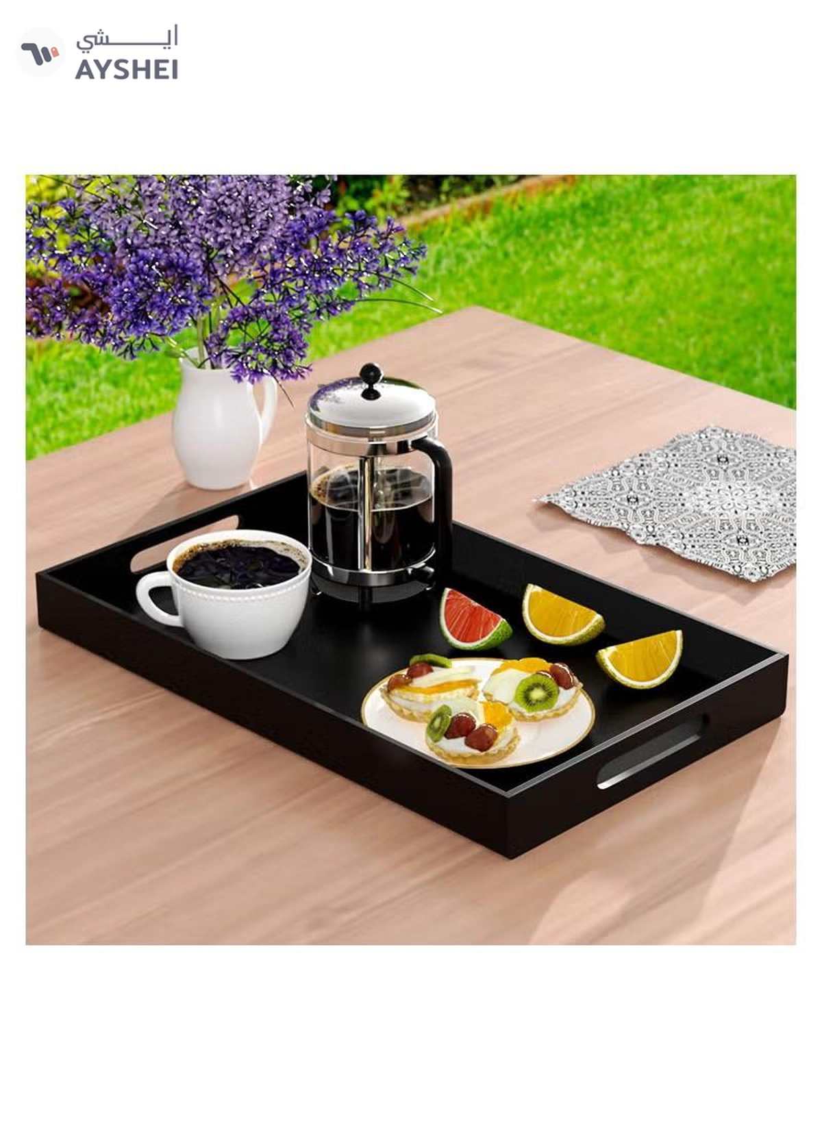 Eworld Black Serving Tray with Handles for Coffee, Tea, Snacks and Decorative Storage-1-1
