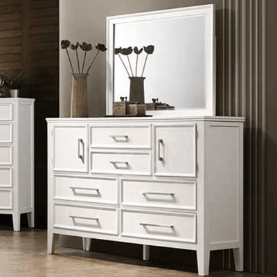 Neo Classic Bed with 2 side tables, dresser, mirror & chest of drawers-1