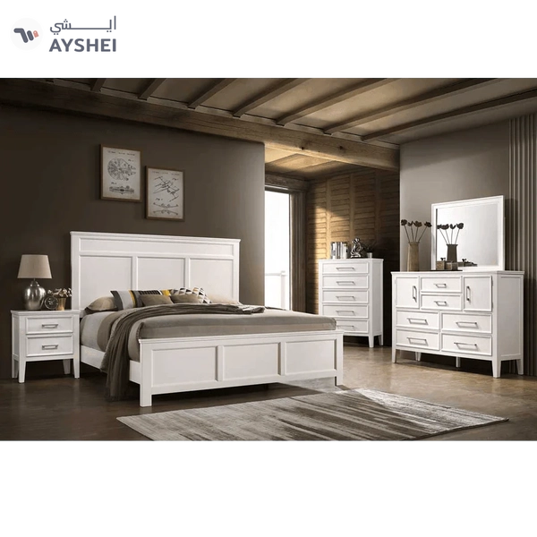 Neo Classic Bed with 2 side tables, dresser, mirror & chest of drawers