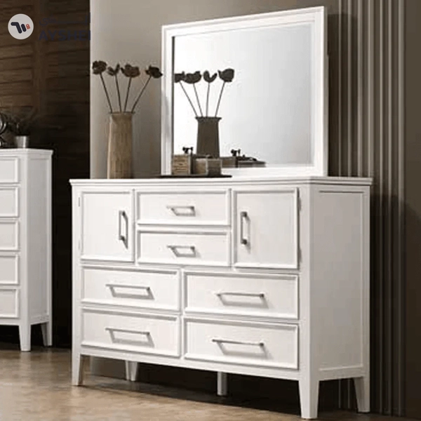 Neo Classic Bed with 2 side tables, dresser, mirror & chest of drawers