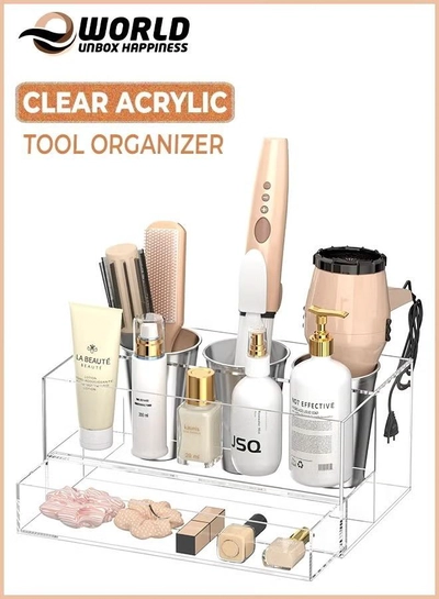 Eworld Acrylic Clear Hair Tools Organizer with 3 Stainless Steel cups and Drawer, Ultimate Solution -0