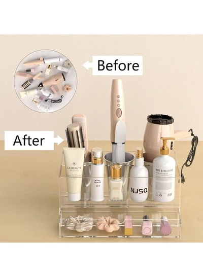 Eworld Acrylic Clear Hair Tools Organizer with 3 Stainless Steel cups and Drawer, Ultimate Solution -1