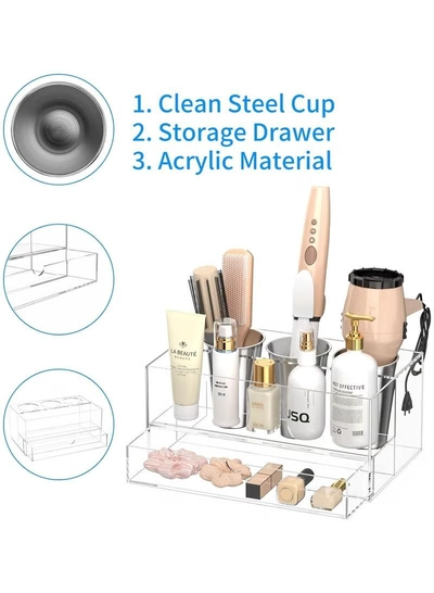 Eworld Acrylic Clear Hair Tools Organizer with 3 Stainless Steel cups and Drawer, Ultimate Solution -3