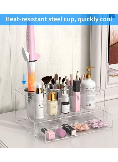 Eworld Acrylic Clear Hair Tools Organizer with 3 Stainless Steel cups and Drawer, Ultimate Solution -4