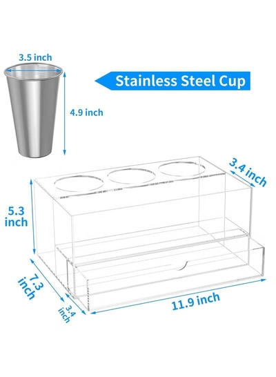 Eworld Acrylic Clear Hair Tools Organizer with 3 Stainless Steel cups and Drawer, Ultimate Solution -5