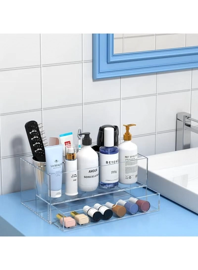 Eworld Acrylic Clear Hair Tools Organizer with 3 Stainless Steel cups and Drawer, Ultimate Solution -6