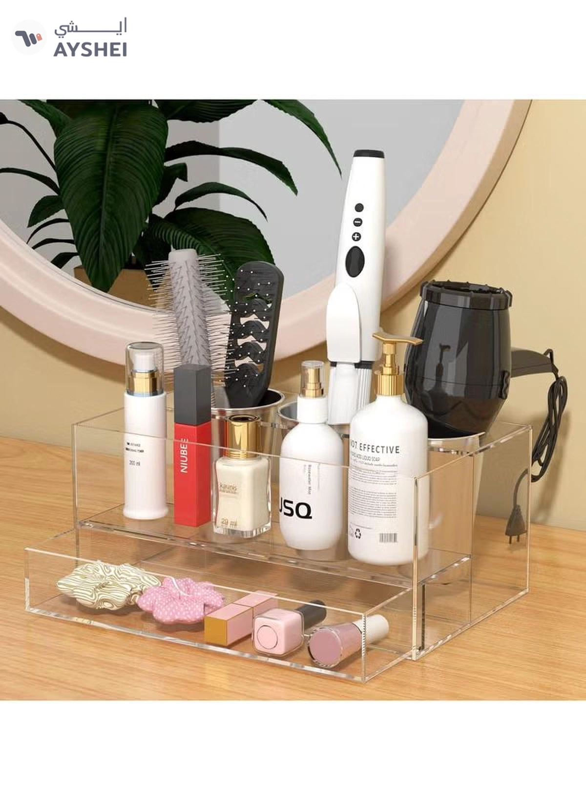 Eworld Acrylic Clear Hair Tools Organizer with 3 Stainless Steel cups and Drawer, Ultimate Solution -2-2