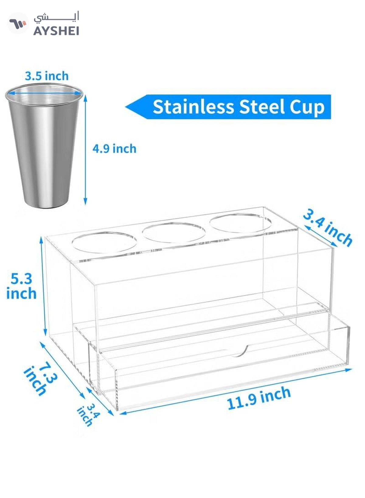 Eworld Acrylic Clear Hair Tools Organizer with 3 Stainless Steel cups and Drawer, Ultimate Solution -5-5