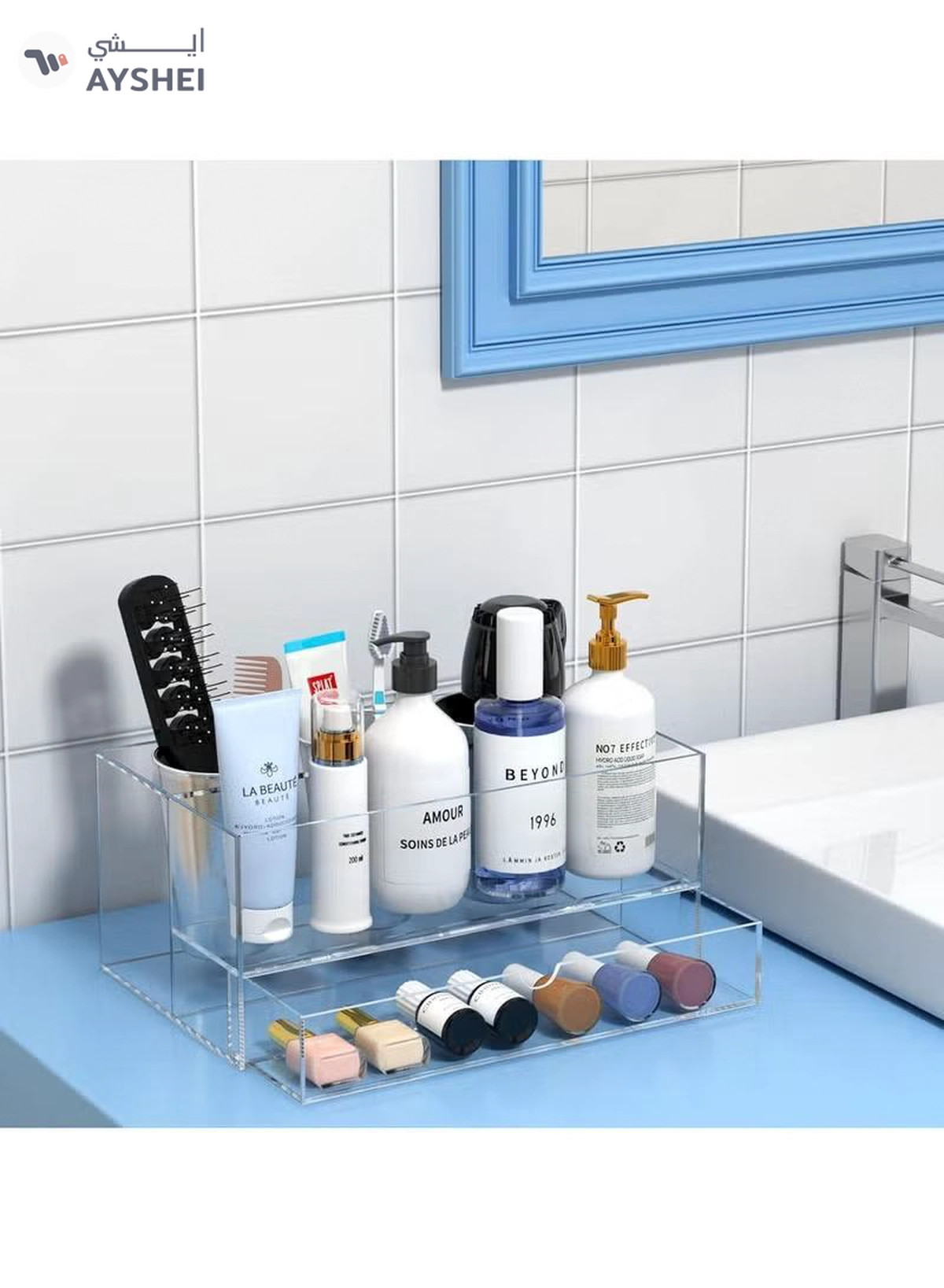 Eworld Acrylic Clear Hair Tools Organizer with 3 Stainless Steel cups and Drawer, Ultimate Solution -6-6
