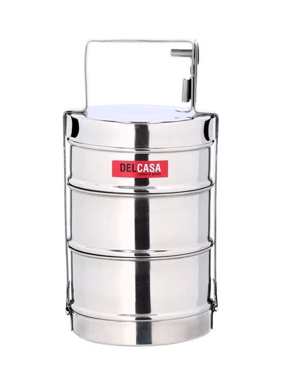 DELCASA 3-Layer Stainless Steel Tiffin Lunch Box Silver 14x9x15cm-0