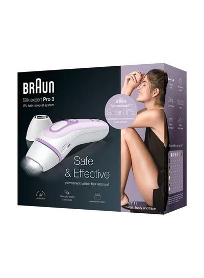 BRAUN IPL Silk-expert PL 3111, hair removal system for use on body and face, 300,000 flashes with 3 extras : Precision head, Venus razor and premium bag White/Lilac-1
