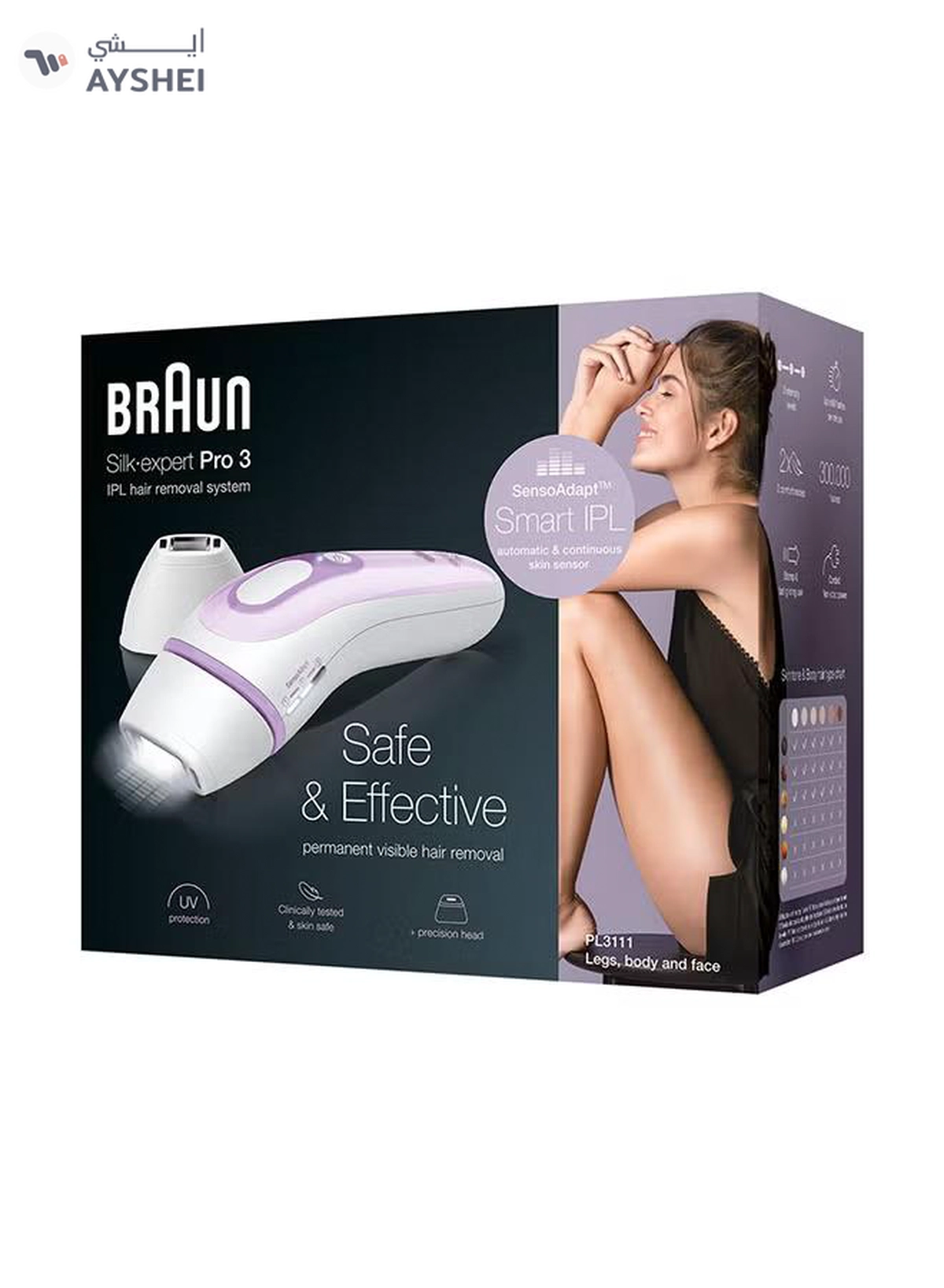 BRAUN IPL Silk-expert PL 3111, hair removal system for use on body and face, 300,000 flashes with 3 extras : Precision head, Venus razor and premium bag White/Lilac-1-1