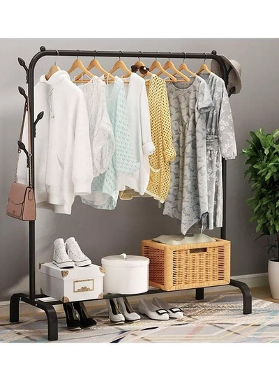 DubaiGallery Clothes Hanger Garment Rolling Rack, Multi-functional Single pole Bedroom Clothing Rack with wheels, Metal Clothes Stand Rack with Rod and Lower Storage Shelf for Indoor Bedroom-1