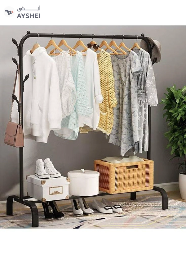 DubaiGallery Clothes Hanger Garment Rolling Rack, Multi-functional Single pole Bedroom Clothing Rack with wheels, Metal Clothes Stand Rack with Rod and Lower Storage Shelf for Indoor Bedroom