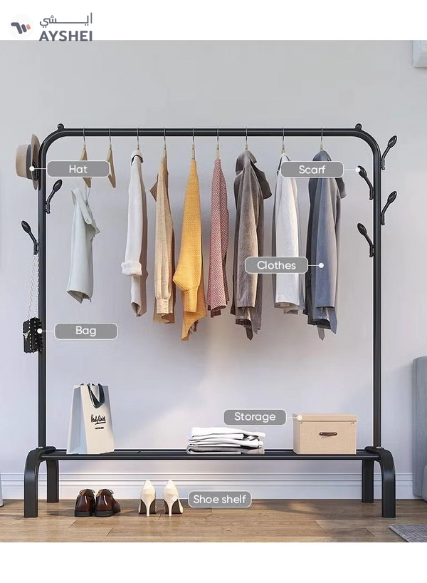 DubaiGallery Clothes Hanger Garment Rolling Rack, Multi-functional Single pole Bedroom Clothing Rack with wheels, Metal Clothes Stand Rack with Rod and Lower Storage Shelf for Indoor Bedroom