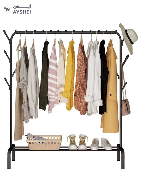 DubaiGallery Clothes Hanger Garment Rolling Rack, Multi-functional Single pole Bedroom Clothing Rack with wheels, Metal Clothes Stand Rack with Rod and Lower Storage Shelf for Indoor Bedroom