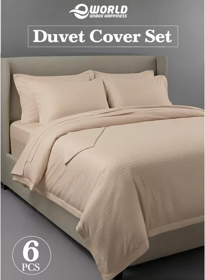 Premium Striped Duvet Set All Season – 6-Pieces Set Cream | King Size 220x240 cm | Ultra-Soft, Wrinkle-Resistant & Made in Dubai | Includes Duvet Cover, Fitted Sheet (200x200 cm) & 4 Pillowcases (50x70 cm)-0