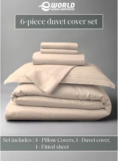 Premium Striped Duvet Set All Season – 6-Pieces Set Cream | King Size 220x240 cm | Ultra-Soft, Wrinkle-Resistant & Made in Dubai | Includes Duvet Cover, Fitted Sheet (200x200 cm) & 4 Pillowcases (50x70 cm)-3