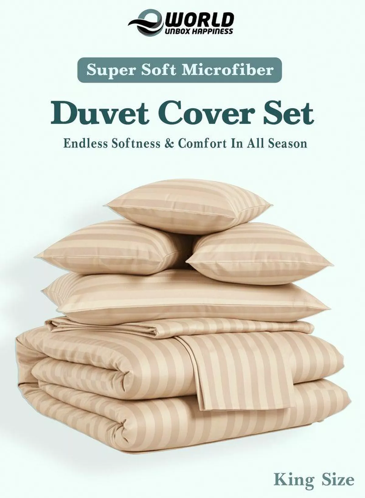Premium Striped Duvet Set All Season – 6-Pieces Set Cream | King Size 220x240 cm | Ultra-Soft, Wrinkle-Resistant & Made in Dubai | Includes Duvet Cover, Fitted Sheet (200x200 cm) & 4 Pillowcases (50x70 cm)-1-1