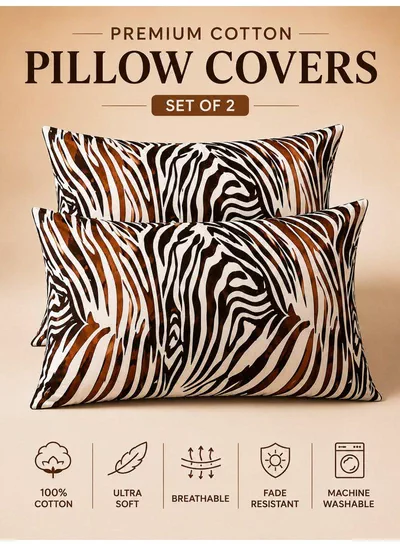 Set of 2 100% Cotton Printed Pillow Covers, Zebra Print, 125 GSM Fabric, Soft & Breathable, Envelope Closure, Fade Resistant & Machine Washable – 50 x 75 cm-0