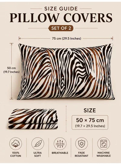 Set of 2 100% Cotton Printed Pillow Covers, Zebra Print, 125 GSM Fabric, Soft & Breathable, Envelope Closure, Fade Resistant & Machine Washable – 50 x 75 cm-2