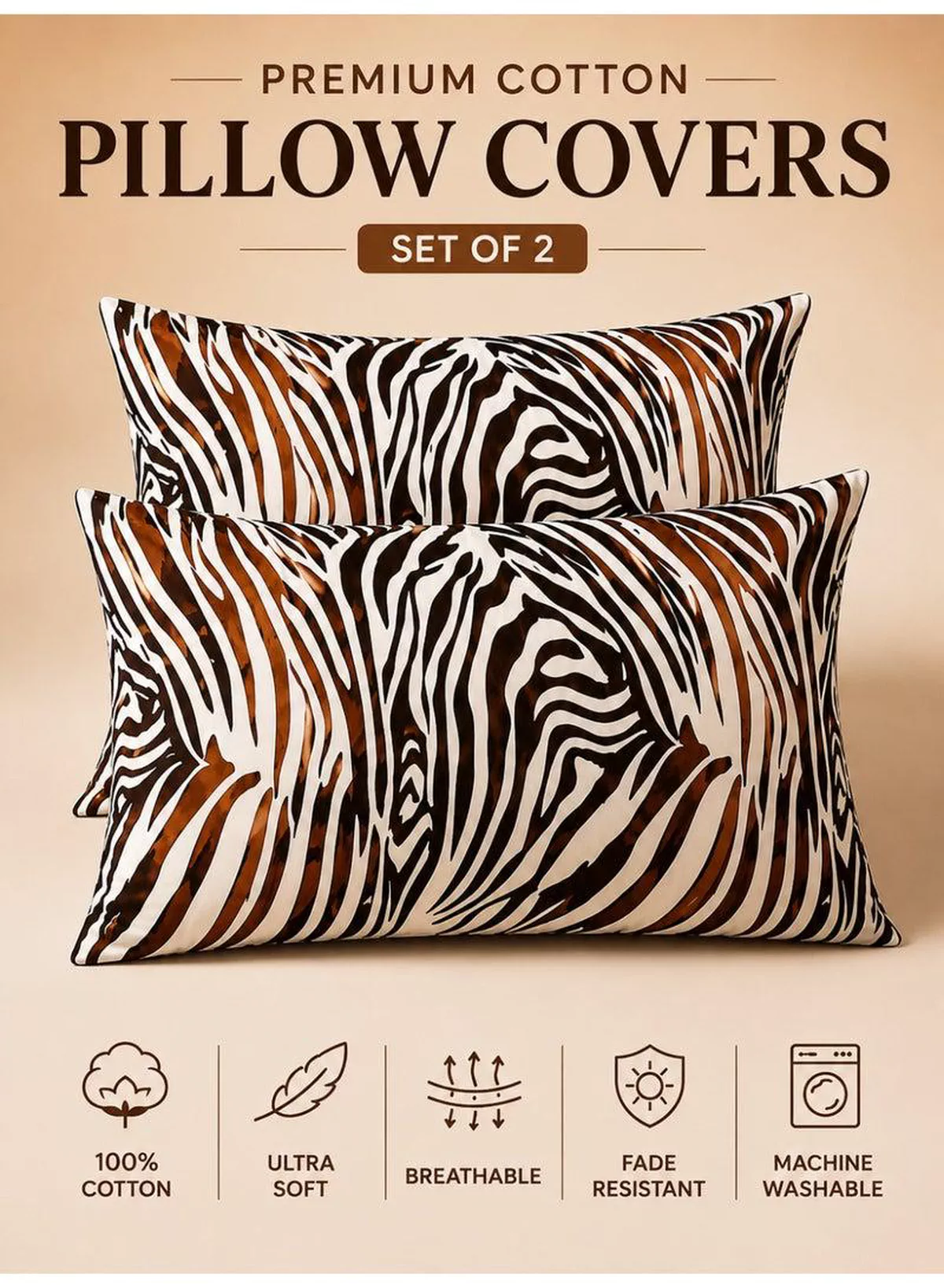 Set of 2 100% Cotton Printed Pillow Covers, Zebra Print, 125 GSM Fabric, Soft & Breathable, Envelope Closure, Fade Resistant & Machine Washable – 50 x 75 cm