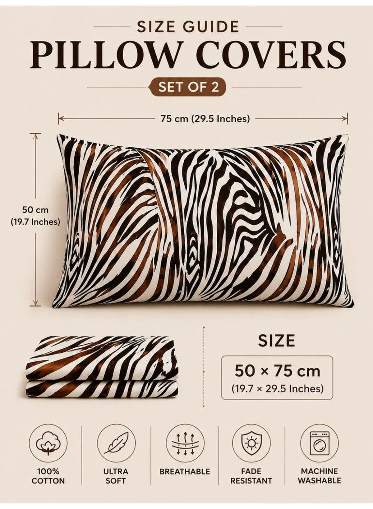 Set of 2 100% Cotton Printed Pillow Covers, Zebra Print, 125 GSM Fabric, Soft & Breathable, Envelope Closure, Fade Resistant & Machine Washable – 50 x 75 cm-2-2