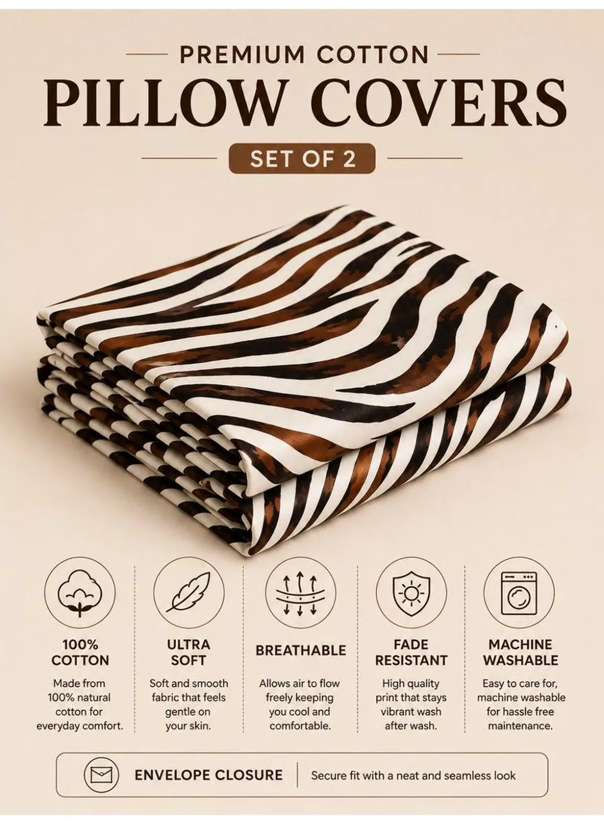 Set of 2 100% Cotton Printed Pillow Covers, Zebra Print, 125 GSM Fabric, Soft & Breathable, Envelope Closure, Fade Resistant & Machine Washable – 50 x 75 cm-3-3