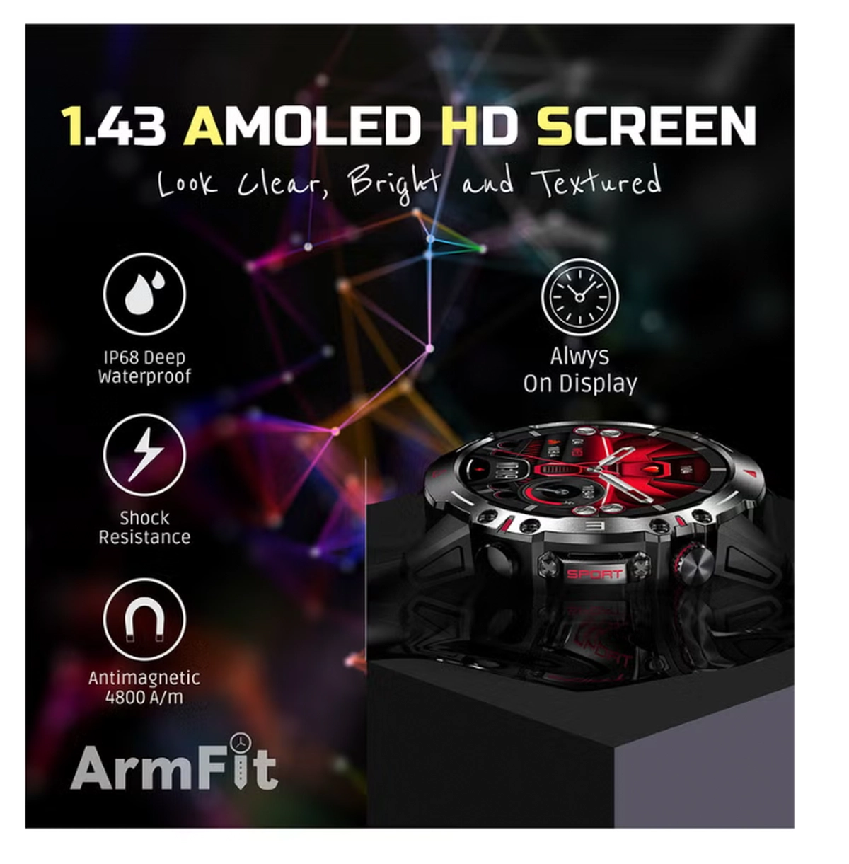 ARMFIT Hulk Smartwatch For Men, AMOLED Always On Display Bluetooth Calling Waterproof Fitness Watches Compatible With Android iOS Black-5-5