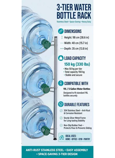 BUCKET STORAGE RACK – 3-Tier Water Bottle & Bucket Organizer Strong and practical storage rack designed to keep buckets, water bottles, and household containers neatly organized. Its compact structure helps save floor space while providing convenient access, making it suitable for kitchens, utility rooms, balconies, garages, and storage areas.-4