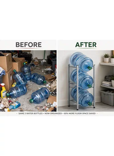 BUCKET STORAGE RACK – 3-Tier Water Bottle & Bucket Organizer Strong and practical storage rack designed to keep buckets, water bottles, and household containers neatly organized. Its compact structure helps save floor space while providing convenient access, making it suitable for kitchens, utility rooms, balconies, garages, and storage areas.-5