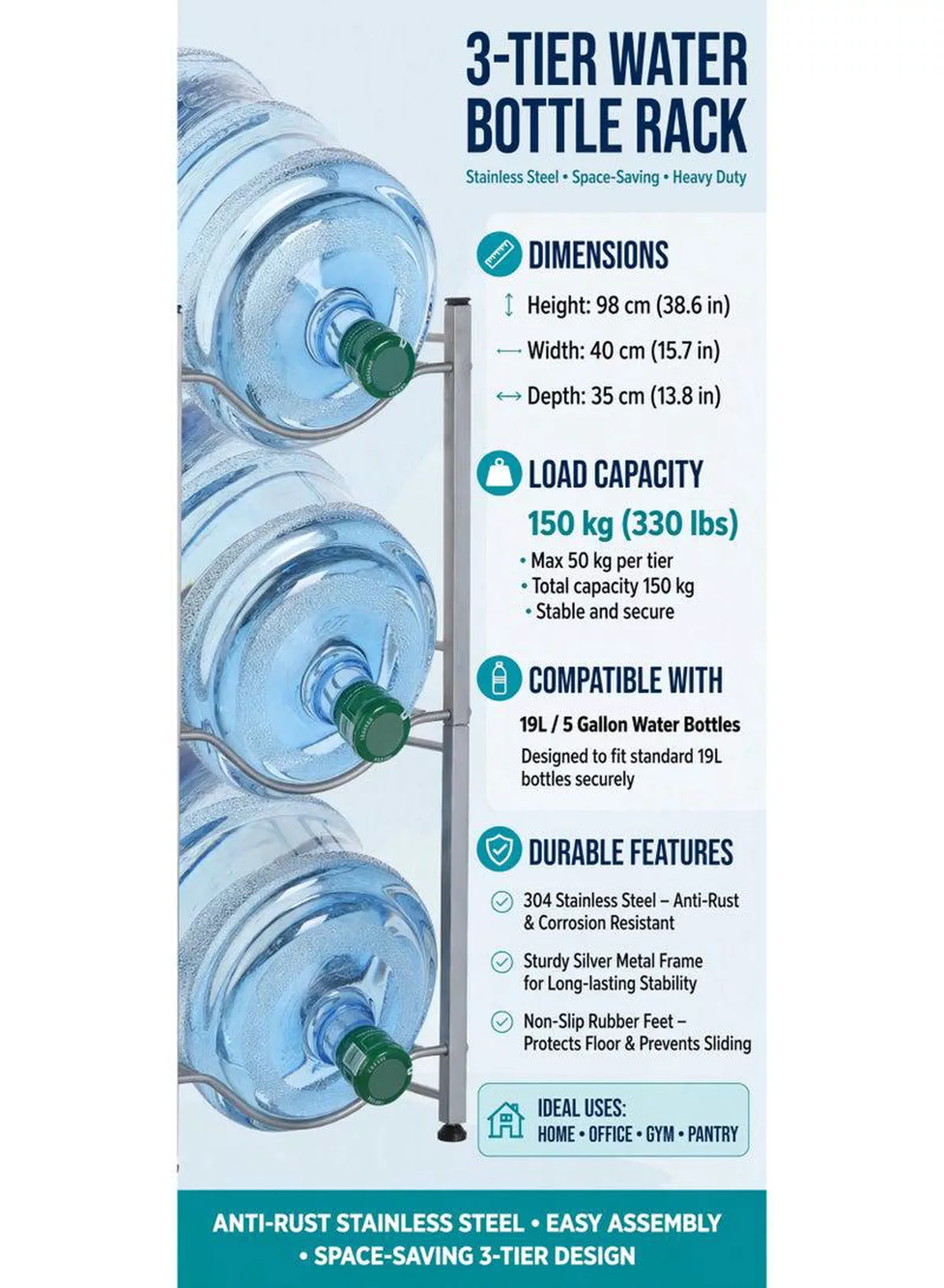 BUCKET STORAGE RACK – 3-Tier Water Bottle & Bucket Organizer Strong and practical storage rack designed to keep buckets, water bottles, and household containers neatly organized. Its compact structure helps save floor space while providing convenient access, making it suitable for kitchens, utility rooms, balconies, garages, and storage areas.-4-4