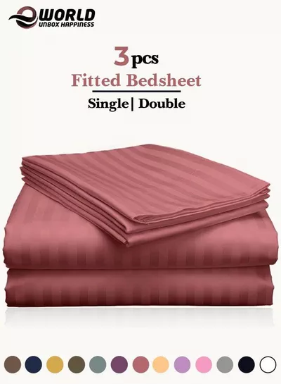 3 Piece Luxury Maroon Striped Bed Sheet Set with 1 Deep Pocket Fitted Sheet and 2 Pillowcases for Hotel and Home Crafted from Ultra Soft and Breathable Microfiber for Year-Round Comfort, (Single/Double)-0