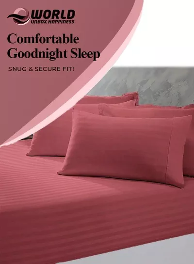 3 Piece Luxury Maroon Striped Bed Sheet Set with 1 Deep Pocket Fitted Sheet and 2 Pillowcases for Hotel and Home Crafted from Ultra Soft and Breathable Microfiber for Year-Round Comfort, (Single/Double)-3