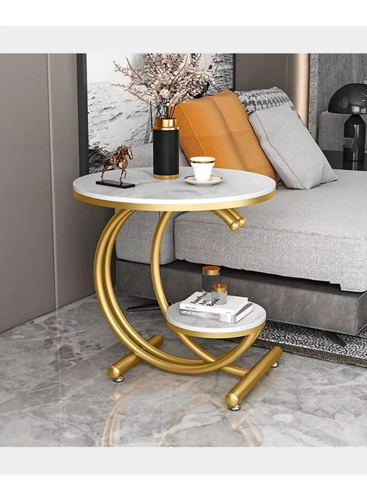 Sofa Side Table, Light Luxury End Table Rock Board Corner Table Creativity Round Table Open Double-Layer Design Coffee Table Modern Living Room Side Cabinet Bedside Table