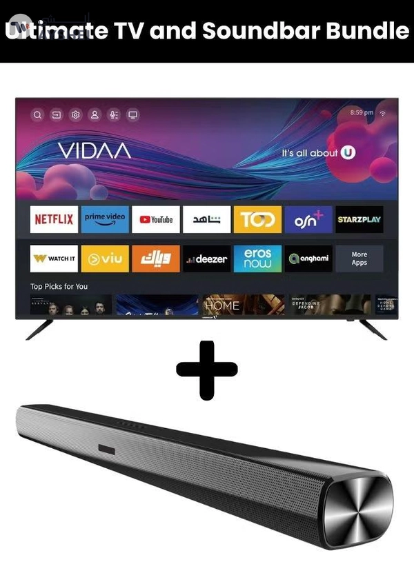 VIDEOCON Bundle Of 55-inch Edgeless 4K UHD Smart TV (VIDAA OS, Dolby Audio, Bluetooth, Voice Mouse) With Soundbar (Bluetooth, FM Radio, 2.0 Channel Audio) E55ELVD1100+SOUNDBAR Black