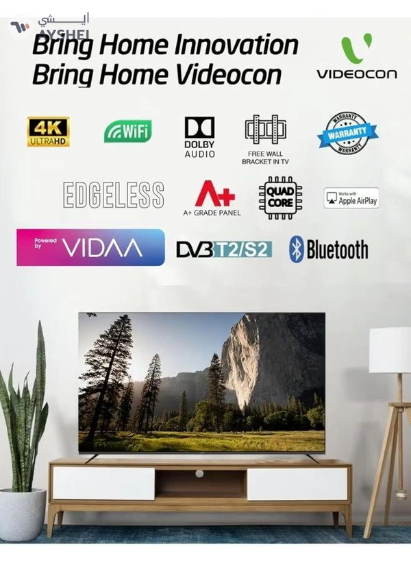 VIDEOCON Bundle Of 55-inch Edgeless 4K UHD Smart TV (VIDAA OS, Dolby Audio, Bluetooth, Voice Mouse) With Soundbar (Bluetooth, FM Radio, 2.0 Channel Audio) E55ELVD1100+SOUNDBAR Black
