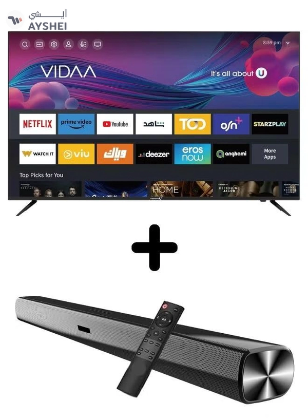 VIDEOCON Bundle Of 55-inch Edgeless 4K UHD Smart TV (VIDAA OS, Dolby Audio, Bluetooth, Voice Mouse) With Soundbar (Bluetooth, FM Radio, 2.0 Channel Audio) E55ELVD1100+SOUNDBAR Black