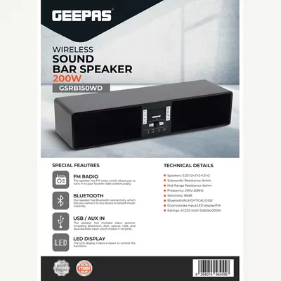GEEPAS Wireless Sound Bar Speaker 200W Bluetooth, AUX IN, USB, Dual MIC Input and FM Radio-5