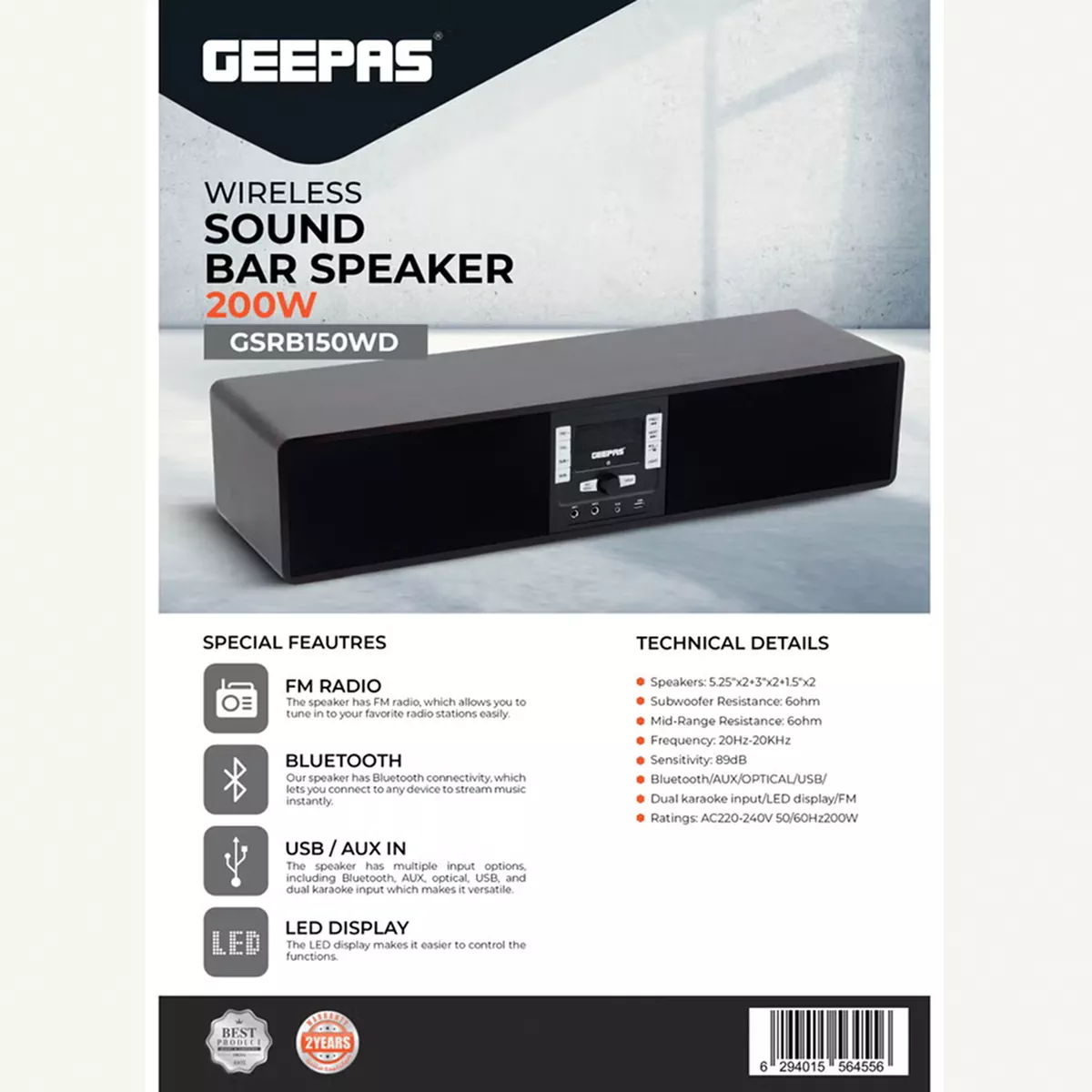 GEEPAS Wireless Sound Bar Speaker 200W Bluetooth, AUX IN, USB, Dual MIC Input and FM Radio-5-5