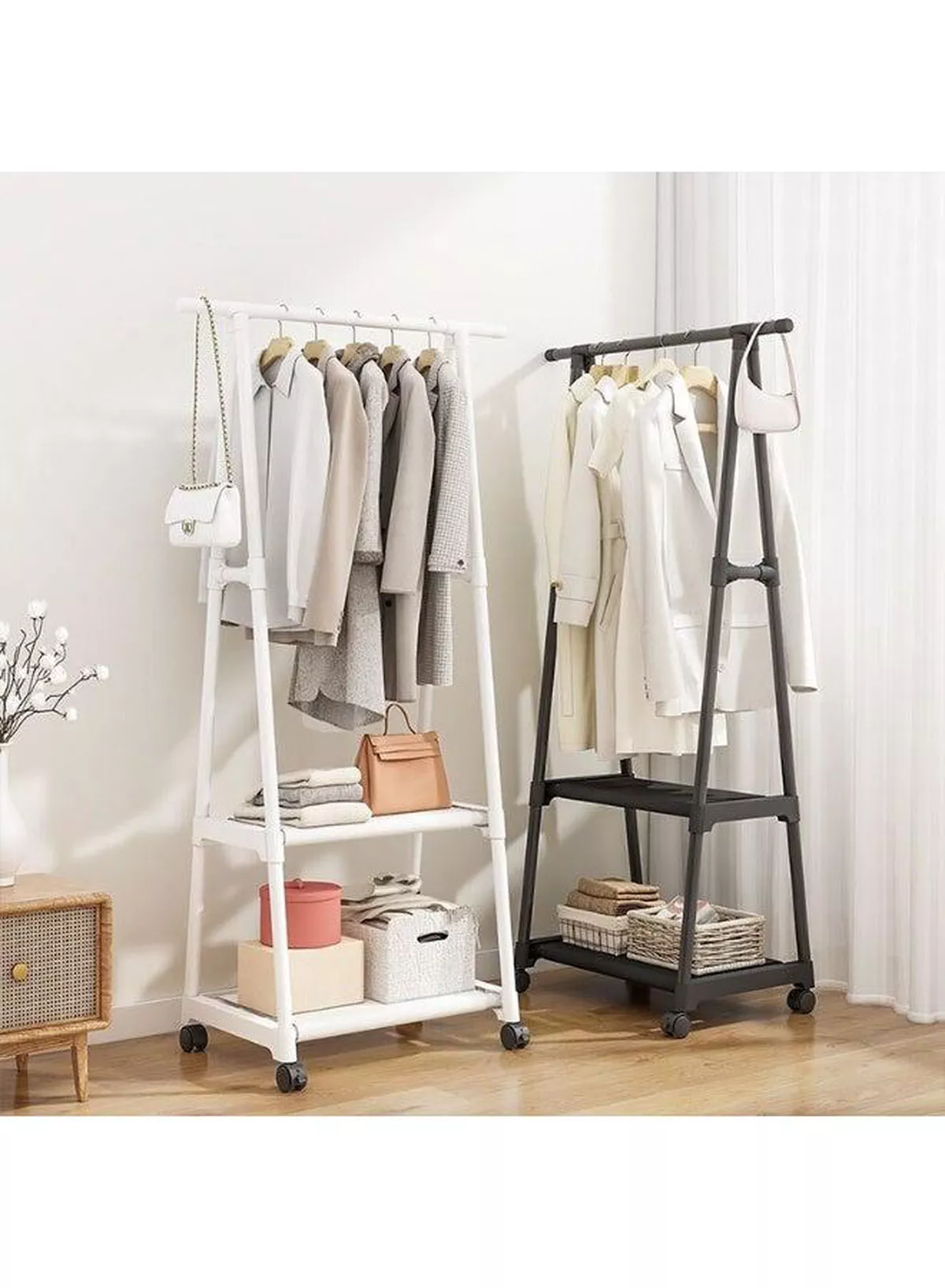 Triangle Garment Clothes Rack with Shelves – 55×42×160CM Freestanding Clothing Organizer and Storage Stand, Easy-to-Install Space-Saving Wardrobe System for Hanging Clothes, Folded Garments, Shoes, Bags, Blankets, and Accessories