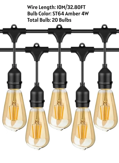 Yuwell Outdoor Waterproof IP65 Led String Lights E27 Holder 10 Meter Bulb Holder Wire With 20 Bulbs 4W ST64 Amber With EU Plug Solar Bulb Holder For Ramadan Decoration Lights And Outdoor Decoration Light Hanging Light 6000mAh & USB-C, String Lights With Remote Control And 8 Modes Ramadan Light With Cable Ties-1